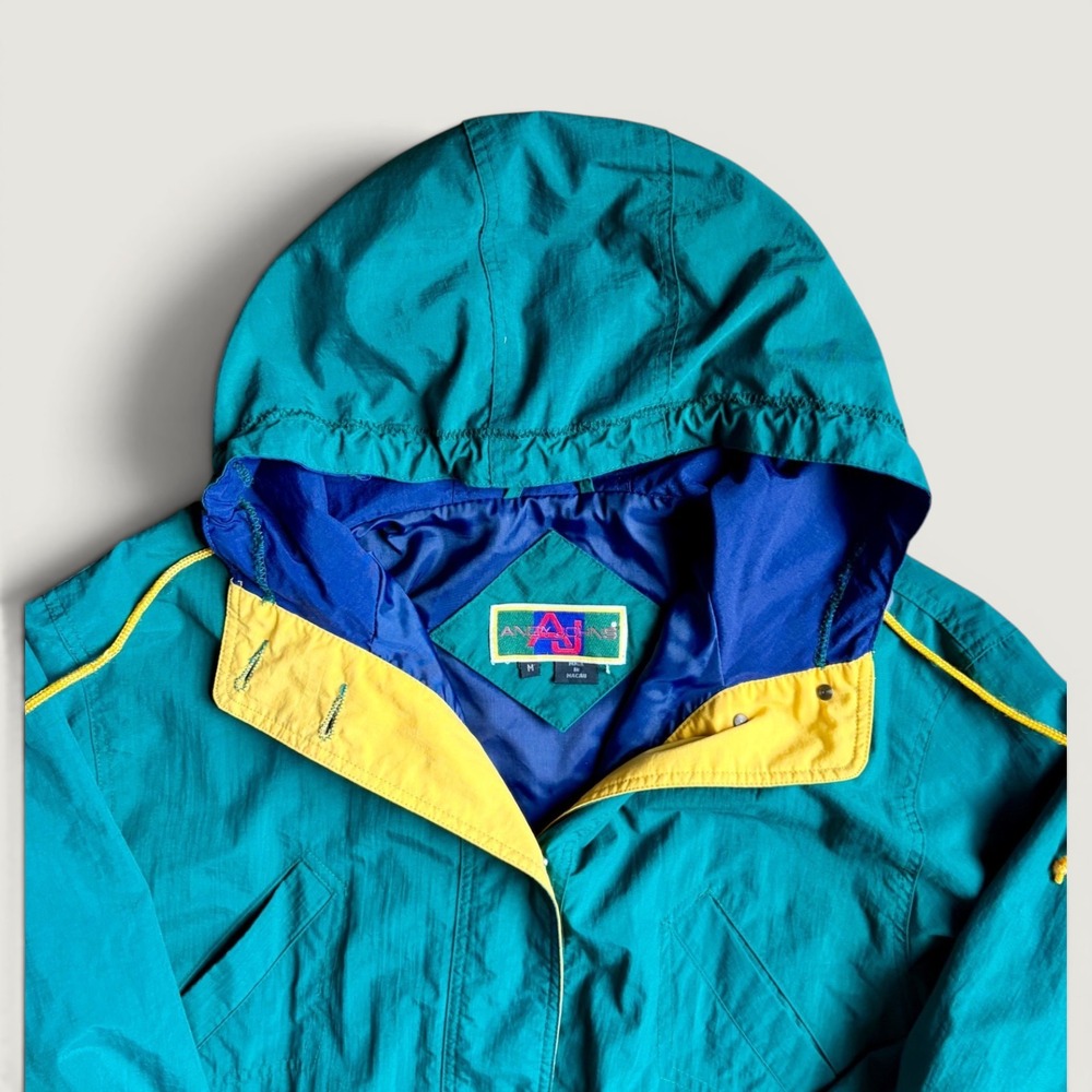 VTG Andy Johns Mens Teal Green Hooded Windbreaker Jacket Medium Nylon Gorpcore
